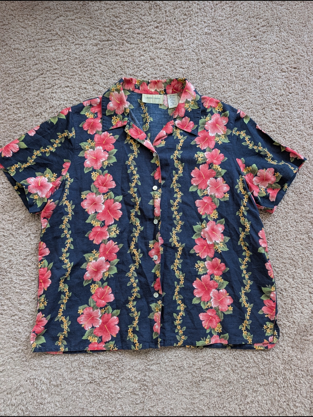 Lemon Grass Womens Navy Pink Hibiscus Floral Linen Button Up Hawaiian Shirt XL